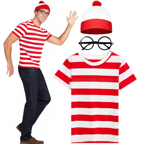Wynlora 3Pcs Red & White Striped T-Shirt Set for Adult Wally Costume Accessories Set with Beanie Hat Black Nerd Glasses Party Cosplay Outfit for School Dress Up World Book Day Carniva (XL)