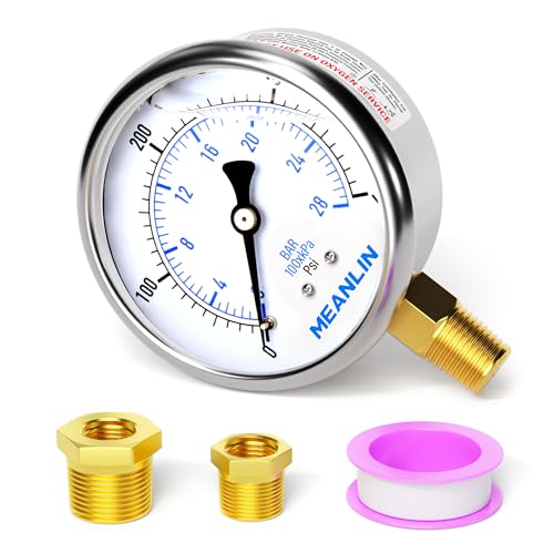 MEANLIN MEASURE 0~400Psi Stainless Steel 1/4" NPT 2.5" FACE DIAL Liquid Filled Pressure Gauge WOG Water Oil Air Lower Mount, with 1/2" NPT and 3/8" NPT Hex Bushing