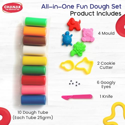 Image of Chanak Moldy Magic Creative Art & Craft Playdough with Foldable Suitcase, Air Dry Clay for Toddlers & Kids Age 3+, Includes 10 Colorful Dough 25gm Each & 13 Sculpting Tools, Non Toxic & Non Sticky