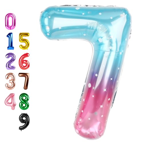 Image of Number Balloons 7 Balloon for 7 Birthday Decorations, 40 inch Blue and Pink | Saturated Color, Large 40 in, With Inflation Straw & Hanging Hole, Great for Men's Party, Back-To-School Season, Pool Party