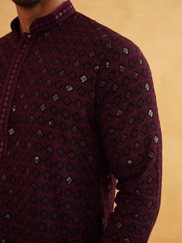 Image of SOJANYA Men's Coffee Brown Cotton Blend Kurta with Intricate Embroidery & Subtle Sequin Work