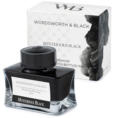 Wordsworth and Black Fountain Pen Ink Bottle (50 ml) Premium Luxury Edition, [Mysterious Black] Fountain Pens Bottled Ink; Classic Designed Bottle Smooth Flow 50 ml