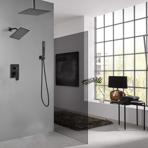 Sistema de Ducha Grifería Negra Mate con Ducha de Mano, Cabezal de Ducha de Techo de 12 Pulgadas y Cabezal de Ducha de Pared de 6 Pulgadas miniatura 2