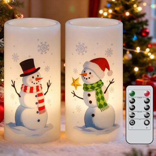 Image of Christmas Snowman Flameless Pillar Candles with Remote Timer