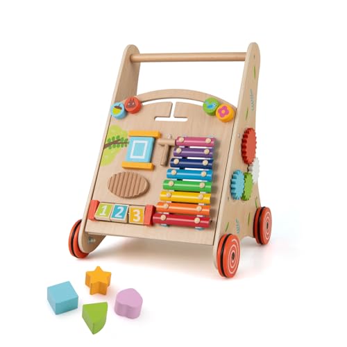DREAMADE Lauflernwagen Holz, Lauflernhilfe ab 1 Jahr, Baby Gehhilfe mit Stauraum & Spielzeug, Gehfrei Baby Holzspielzeug für Jungen & Mädchen (Modell 7-Natur)