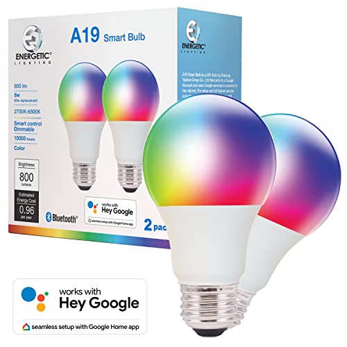 ã€Google Onlyã€‘Energetic LEDÂ Smart Light Bulb Color Changing, Tunable White 2700K-6500K Dimmable A19 60W Equivalent, Works with Hey Google, Seamless Setup with Google Home app, 2-Pack