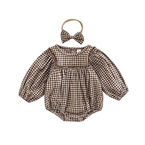 Image of Douhoow Infant Baby Girl Plaid Romper Baby Sweatshirt Romper Ruffle Festival Clothes Fall Winter Outfits with Headband