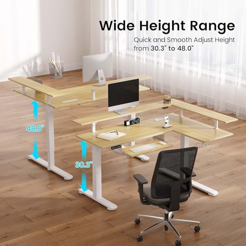 Image of Rolanstar L Shaped Standing Desk with Keyboard Tray, Height Adjustable Corner Desk with LED Light & Power Outlet, Electric Sit Stand Computer Desk with Monitor Stand, Beige