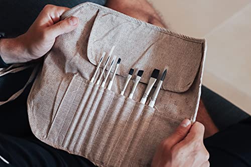 Image of ETCHR Canvas Roll Up Brush Pouch - Brown Paint Brush Holder with Canvas Ties