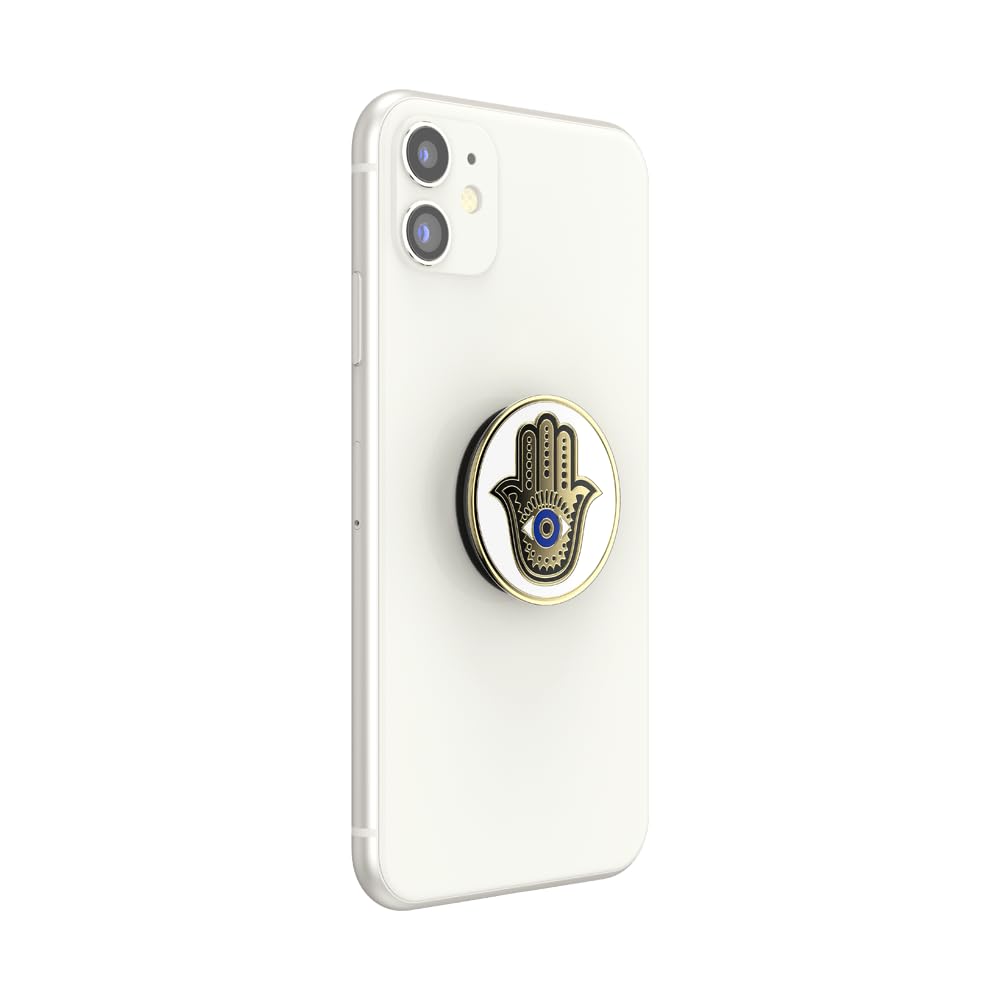 PopSockets Uchwyt na telefon z rozszerzającą się podpórką, emaliowana ręka Hamsa, biały
