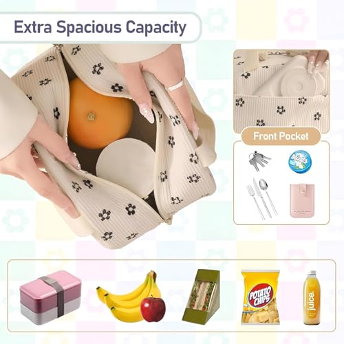Image of SVH Large Capacity Lunch Bag for Women & Kids | Corduroy Thermal Insulated Food Tote with Front Pocket & Carry Handles for School, Office & Travel (Corduroy Bow)