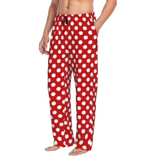 Mens Pajama Pants - White Polka Dot Bright Red Print Soft Sleep Lounge Pants For Men, Casual Pj Bottoms With Pockets