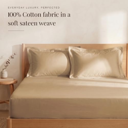 Image of Huesland 300 TC Premium 100% Pure Cotton Luxe Soft Touch Fitted King Size Bedsheet Cotton with 2 Pillow Covers | Sand Dune | 72 x 78 Inches