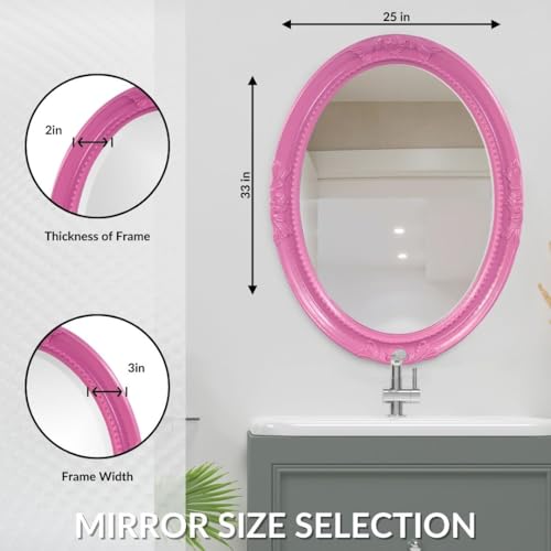Image of Howard Elliott Queen Ann Oval Glossy Hot Pink Wall Mirror, Oval Bevelled Hanging Wood Framed Vanity Mirrors for Home Decor, Living Room, Bathroom, Bedroom, or Hallway, 25 x 33 Inch