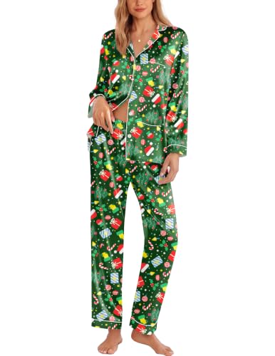 Image of Ekouaer Pajamas for Women Silk Satin Button Down Long Sleeve Pajama Sets | Soft and Lightweight,One Chest Pocket,Two Front Pockets,Daily Wear, for Casual,Sleep,Party Gift