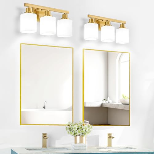 Image of Bathroom Vanity Light,3-Light Gold Modern Bathroom Light Fixtures with Square Frosted Glass,Gold Wall Lamp Sconces for Mirror Bedroom,Living Room Hallway, E26