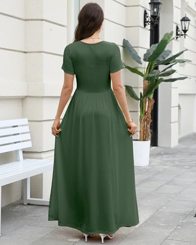 Image of COSSEN Women's Crew Neck Short Sleeve Maxi Dress with Pockets Casual Loose Swing for Wedding Guest Beach Vacation