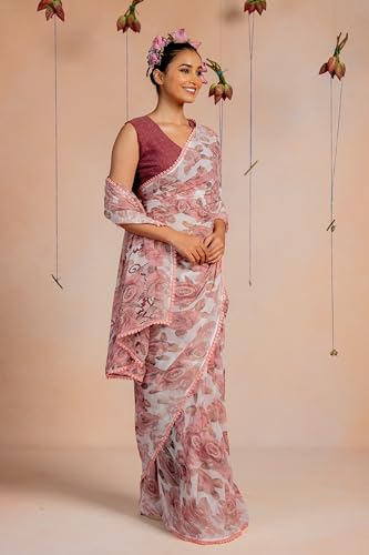 Image of MIRCHI FASHION Saree for Woman Georgette Floral and Leaf Printed | Elegant Farewell and Ceremonial Women's Sari with Blouse Piece