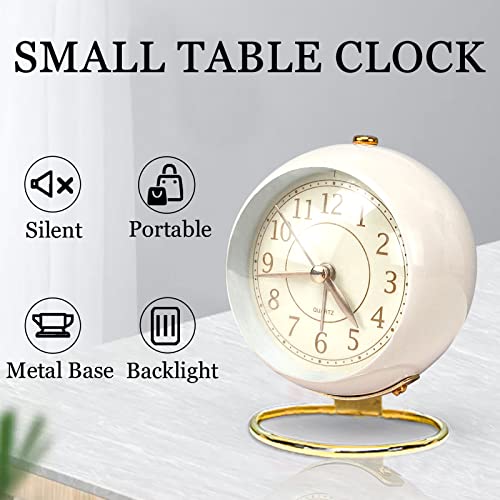 Kadio Small Table Clocks, Classic Non-Ticking Tabletop Analog Alarm Clock Battery Operated Desk Clock with Backlight HD Glass for Bedroom Living Room Kitchen Indoor Decor (White), 4 Inches X 10 Cm