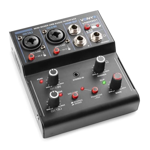 Vonyx VMM301 Mini Table de Mixage USB - 3 Canaux, Carte Son Intégrée, 2 Entrées Jack/XLR, 1 Entrée Jack, 1 Sortie Jack, 1 Sortie Casque, Alimentation Fantôme 48V, Idéal pour Animer vos Soirées