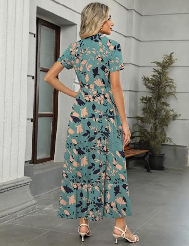 Image of Kranda Women 2026 Summer Collared V Neck Short Sleeve Button Down Chiffon Long Tiered Floral Maxi Dress with Pockets