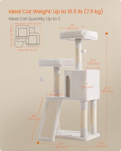 Image of Feandrea Cat Tree, 45.3-Inch Cat Tower, Plush Condo Scratching Post, White | 45.3-Inch Cat Tower, Plush Condo with Scratching Post, Ramp, Perch, Spacious Cave, Cream White