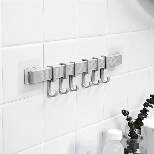 Image of JRM 6 Hook Wall Utensil Rack - Adhesive Plastic Holder for Kitchen, Bathroom & Door - Adjustable Hanger for Towels, Coats, Clothes - Space-Saving Organizer (6 in 1 Adjustable Slider Hook, Pack of 1)