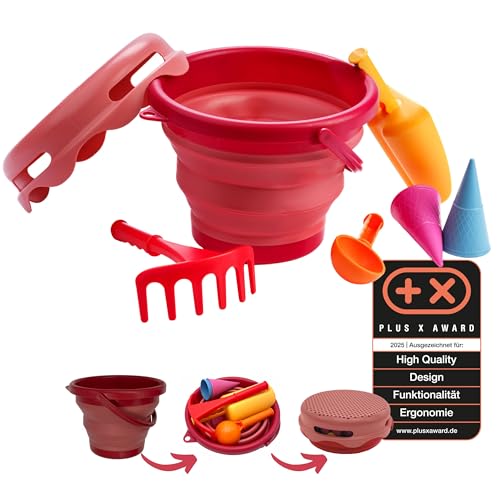 Schildkröt 7in1 Sand Toys Set, innovatives Sand-Spielset im Handtaschenformat, kompakt und platzsparend, Faltbarer 3 Liter Eimer mit 6 Sandspielzeugen zum Graben, Formen, Sieben und Rechen, 970245