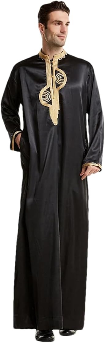 Men Muslim Long Sleeve Daffah Thobe Jubba Saudi Arab Kaftan Islamic Dubai Middle East Robes Abaya