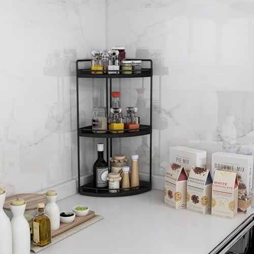 Image of Dorhors 3-Tier Corner Bathroom Organizer Countertop for Storage,Vanity Tray,Wood Counter Organizer for Kitchen,Bathroom,Dresser (Black)