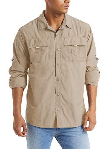TACVASEN Quick Dry Hunting Fishing Shirts for Men Tactical Button Down Shirt Khaki, L