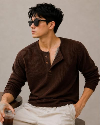 Image of AUSK Men's Textured Henley T-Shirt || Full Sleeve Ribbed Knit Button Neck T Shirt for Men || Regular Fit Casual Wear Tee || Smart Casual Tshirt for Mens