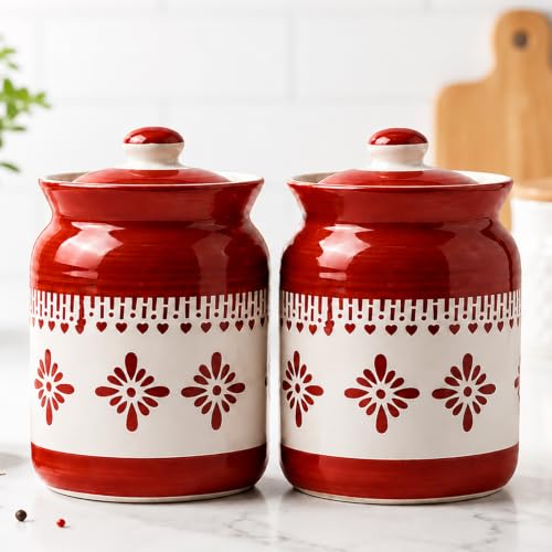 Image of D'Maiolica Pickle Jars in 1000ml (set of 2) | Handpainted Floral Pattern 1 kg Achaar Martban | Ceramic Container Set for Kitchen Storage (Pack of 2) (Majestic Red Blossom)