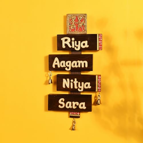 Image of Aakriti Art Creations Family Stack Handcrafted Dhokra Brass Art Solid Wood Nameplate for Home Entrance | Door Name Plate for Home | Customized Name Plate for Home | Name Plate for House