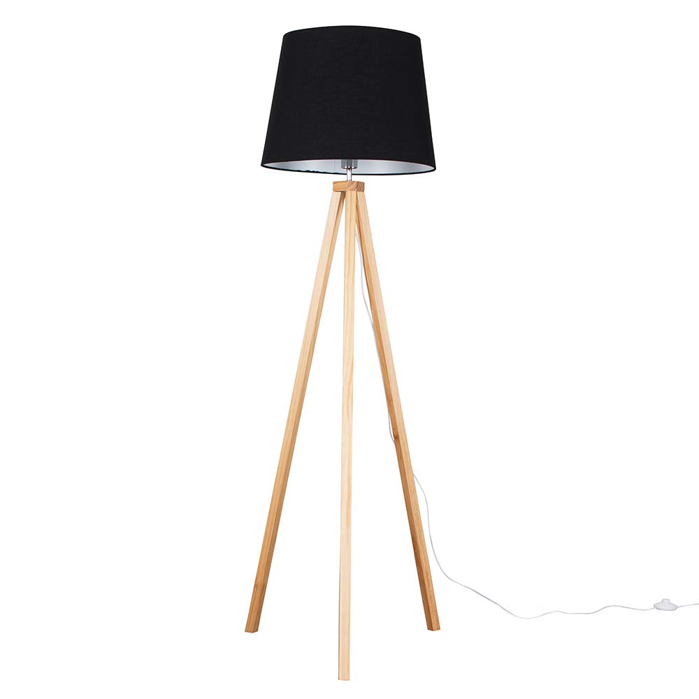 ValueLights Barbro Light Wood Tripod Floor Light Lamp with XL Taper Shade in Black