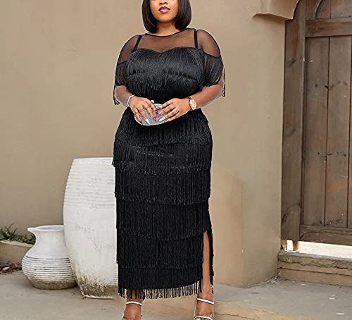 AOMEI Women's Mesh See Through Crewneck Patchwork Tassel Tiered Fringe Long Dress2