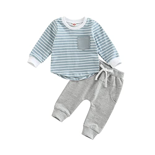 Image of Toddler Baby Boy Clothes Solid Color Long Sleeve Crewneck Sweatshirt Top Casual Pants Set 2Pcs Fall Winter Outfits