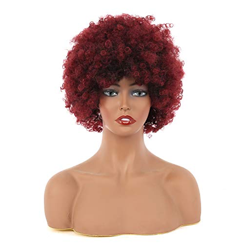 Afro Curly Hair Wig Synthetic Heat Resistant Unisex Wigs High Volume Black Cosplay Party Wigs Natural Fluffy Afro wig 60's and 70's Funky Afro Wig（mix wine red）