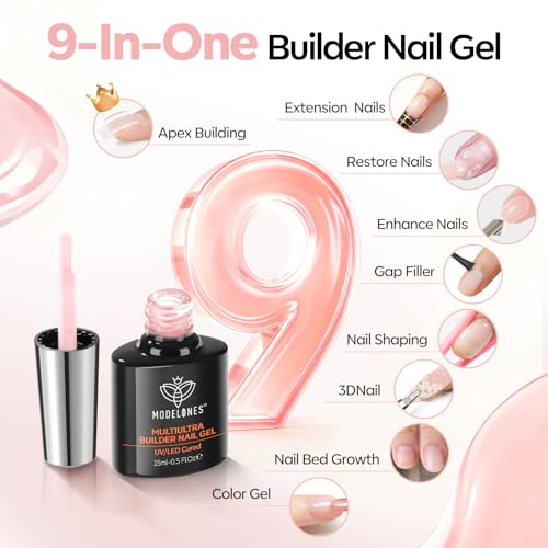 Image of modelones Builder Nail Gel, Soft Pink Builder for Nails No Top Coat Needed, Glossy Jelly Finish Blush Pink, No-Wipe, C-Curve Sculpting, 9-in-One LED Lamp Cured Color Gel Polish for Quick Diy Salon