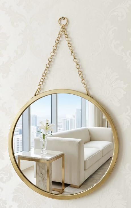 Round wall Mirror with Hanging Chain Design for Bedroom, Bathroom and Living Room,Gold 12inch(30cm)-image-37