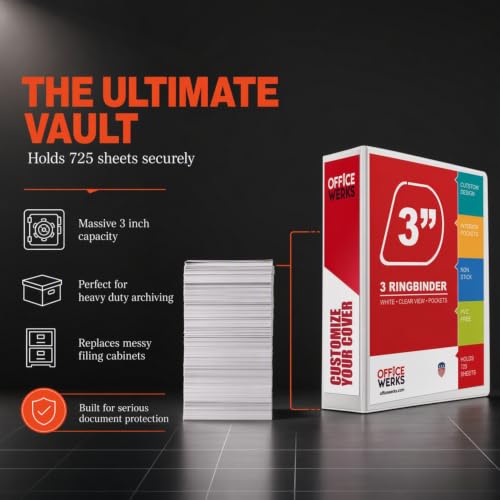 Image of 3 Ring Binder 3 Inch 12 Pack, Heavy Duty Locking D-Ring, Holds 725 Sheets | Non-Stick Clear View Cover with Pockets for 8.5 x 11, PVC-Free, Non-Toxic, Assembled in USA, Gap-Free D-Ring, White