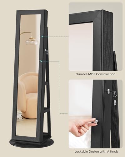SONGMICS 360° Swivel Jewelry Cabinet, Lockable Jewelry Organizer with Full-Length Mirror, Rear Storage Shelves, Interior Mirror, Jewelry Armoire, Gift Idea, Black UJJC006B01