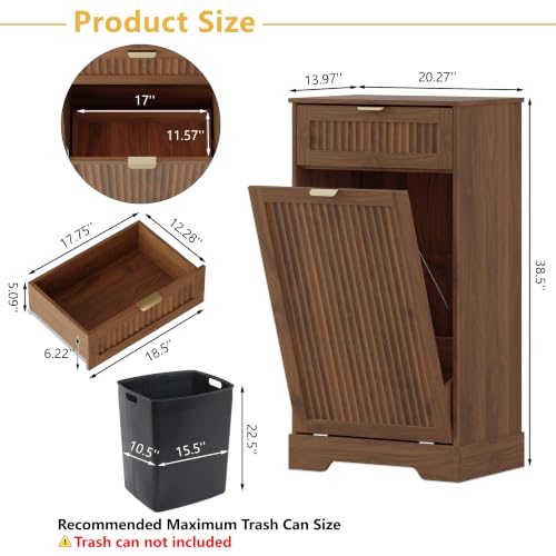 Image of Single 13 Gallon Tilt Out Trash Can Cabinet,Garbage Cabinet with Drawer | Hidden Garbage Storage with Fluted Design, Drawer & Hooks for Kitchen, Dining Room and Small Space Organization,Walnut