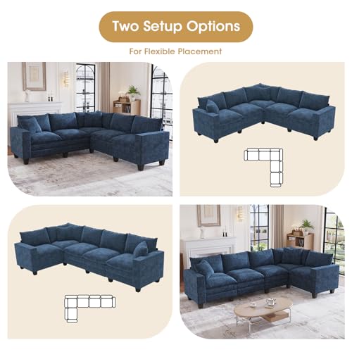 Image of 97 inch L Shaped Sectional Couch, Comfy Chenille Cloud Couch, 5 Seat Modular Cloud Sofa with 2 Pillows & Storage Armrests, Convertible V Shaped Corner Couch, Sectional Couches for Living Room, Blue