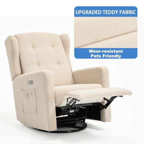 Image of Ketaiyou Power Swivel Rocking Recliner Chair, Electric Rocker Nursery Glider Chair, USB and Type-C Ports, Upholstered Teddy Fabric Reclining Single Sofa Chair for Living Room (Light Khaki)