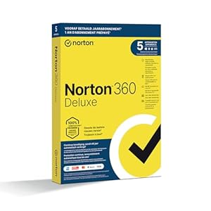 Norton 360 Deluxe 2025, antivirussoftware, internetbeveiliging, 5 Apparaten, 1 Jaar abonnement met automatische verlenging, Secure VPN en Password Manager, PCs, Macs, tablets en smartphones
