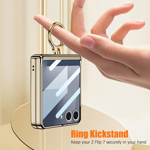 Furwabo Clear Case for Samsung Galaxy Z Flip 7 with Magnetic Hinge Protection & Ring Kickstand & Built-in External Screen Protection,Luxury Transparent Shockproof Cover for Samsung Z Flip 7 (Gold) by Furwabo - Used condition - Image 5