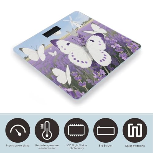 Balanza digital blanca con mariposas moradas 400 lb miniatura 3