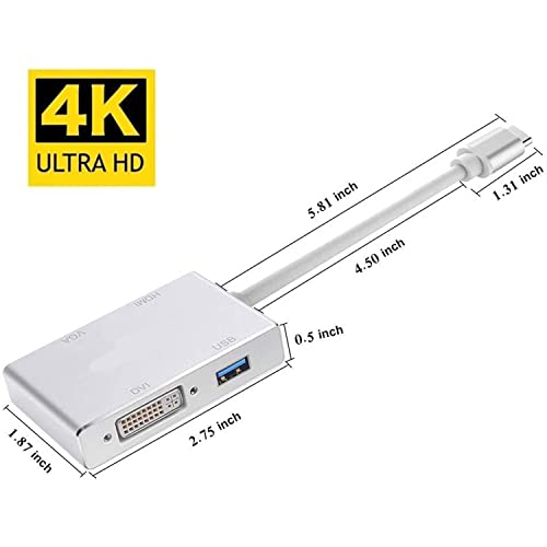 Adaptador USB C para HDMI/DVI/VGA, Zurligi 4 em 1 USB 3.0 Tipo-C Hub Adaptador de vídeo VGA/HDMI/DVI