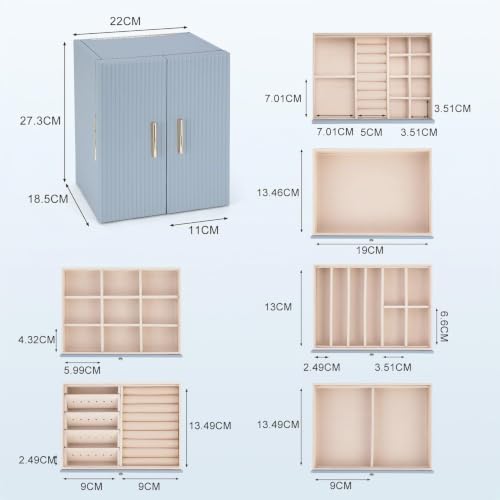 Dajasan Boite a Bijoux, Grande Boîte à Bijoux avec Miroir, 6 Niveaux Boite Bijoux et Double Ouverture pour Coiffeuse, Cuir Grain Vertical, Élégant, Idée Cadeau pour Femme (Bleu Fumé) – vue 3